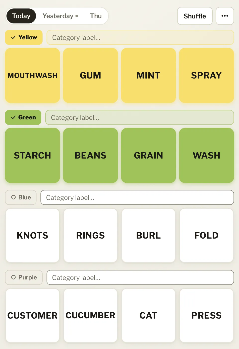Connections Sorter: sixteen word tiles in four color-tagged rows, with the Yellow and Green rows marked solved