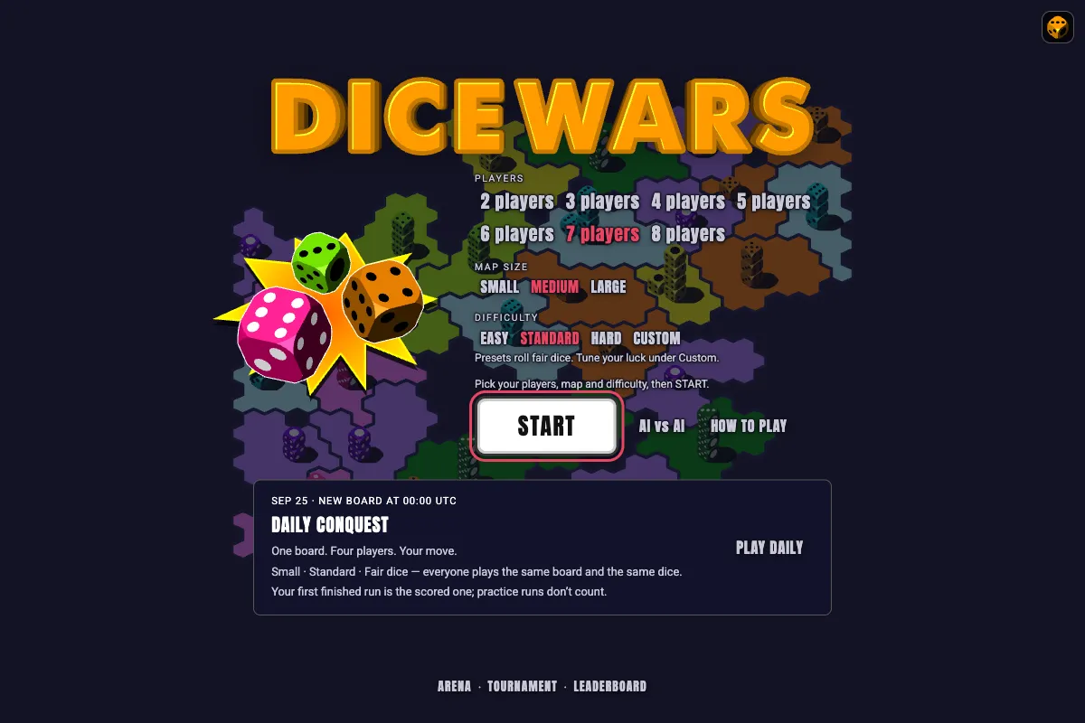 DiceWars JS start screen: the game’s logo and setup menu over a hex map stacked with dice
